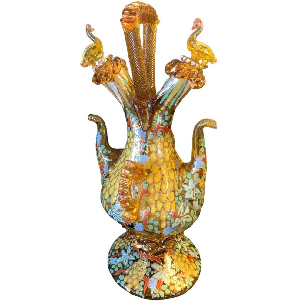 Double Cruet Bottle Moser Type Spanish Art Glass Enameled Decanter